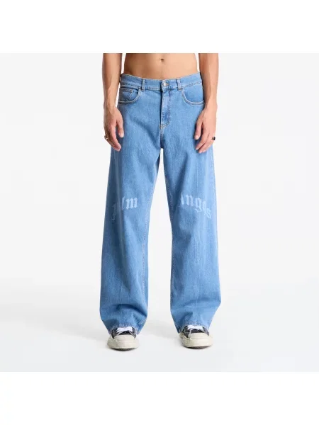 Blugi Palm Angels Splitted Curved Logo Loose 5 Pockets Light Blue/ Light Blue 35 albastru
