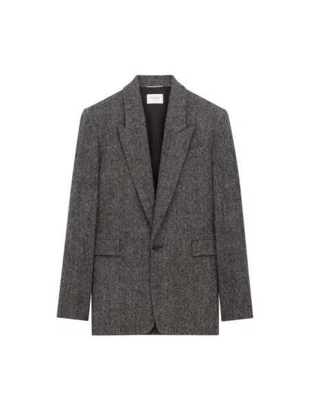 Marynarka Saint Laurent wełniana w jodełkę szara