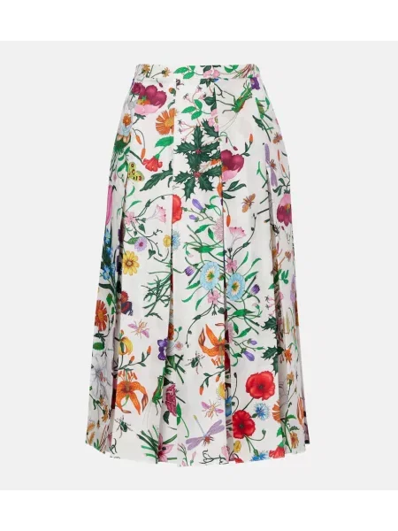 Fusta plisata Gucci de mătase cu model floral plisată alb