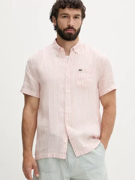 Lacoste πουκάμισο ανδρικό λινό ροζ