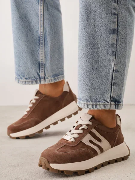 Sneakers chunky din piele întoarsă naturală pe platformă cu talpă profilată Ezze maro