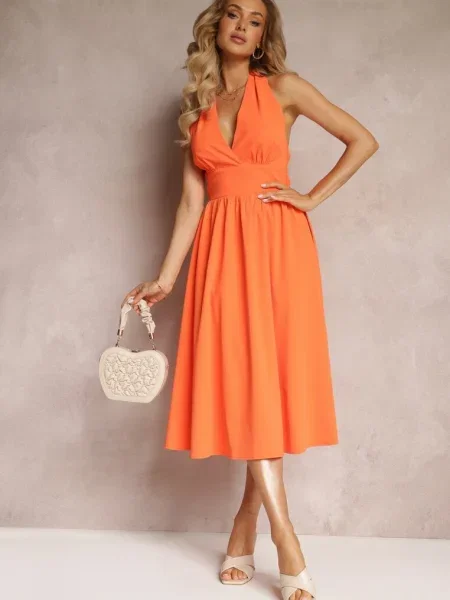 Rochie midi evazată cu șnur la gât Phinadi portocalie