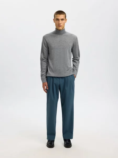 Selected sweter z golfem wykonany z wełny merynosów SLHTray Mężczyźni drobna dzianina XXL szary