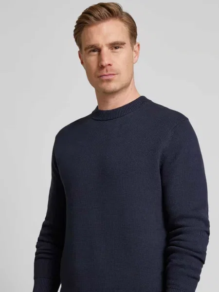 Sweter z dzianiny z prążkowanymi wykończeniami model ‘DANE’ Selected Homme granatowy