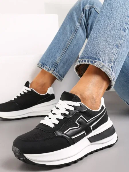Sneakerși Alb-Negru cu Platformă și Inserție Evienne alb