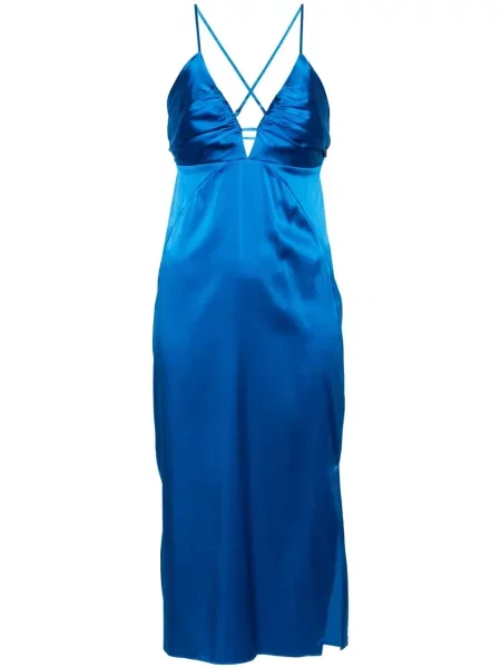 Rochie midi Calvin Klein din satin cu decolteu în V până la genunchi albastru