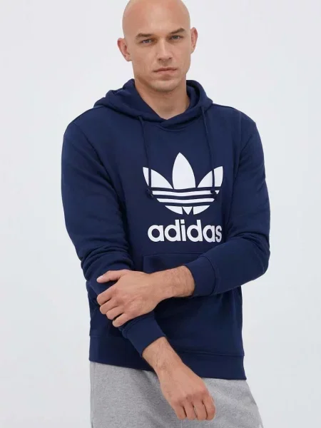 Bombažen pulover adidas Originals mornarsko s kapuco modra