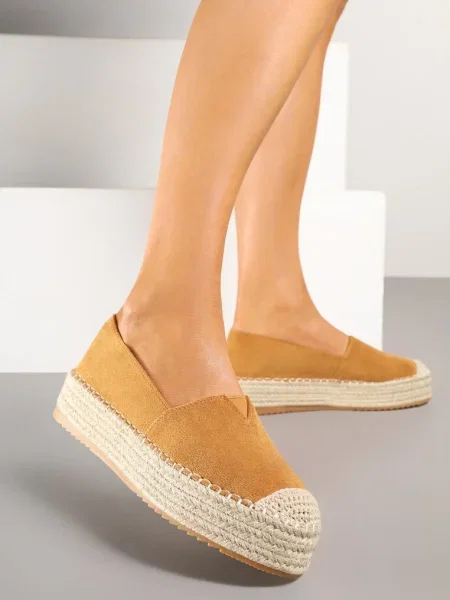 Espadrile din imitație de piele întoarsă pe platformă cu împletitură de iută Mirrona maro