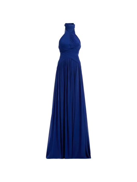 Rochie maxi Elie Saab drapată cu gât halter albastru