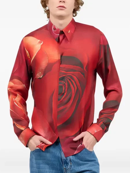 Cămașă Roberto Cavalli de mătase cu model floral cu imagine roșu