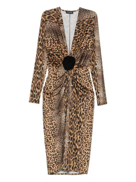 Rochie midi Roserry cu imagine cu model leopard până la genunchi maro