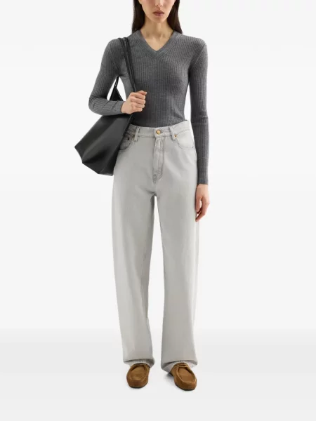 Pleteni džemper Jil Sander s V-izrezom siva