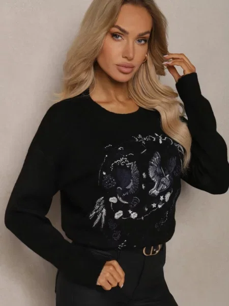 Sweter Ozdobiony Haftowanym Wzorem w Ptaki Inarielle czarny
