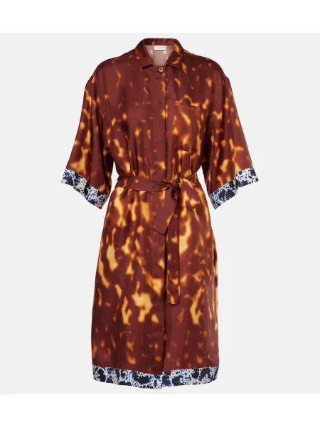 Jedwabna sukienka koszulowa Dries Van Noten z nadrukiem garniturowa brązowa