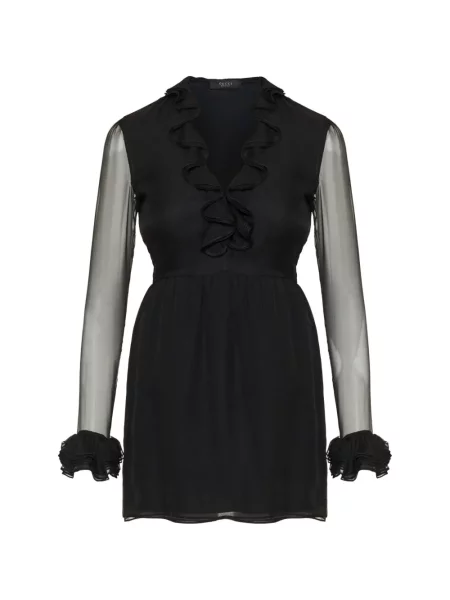 Rochie mini Gucci de mătase cu volane în linie A negru