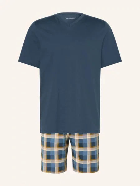 Schiesser Pyžamo Typu Shorty Casual Essentials tmavě / krémová / tmavě žlutá modrá