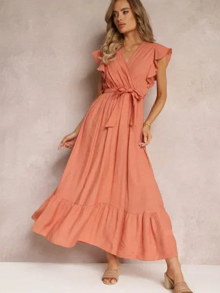 Rochie evazată maxi cu în talie Lavla portocalie