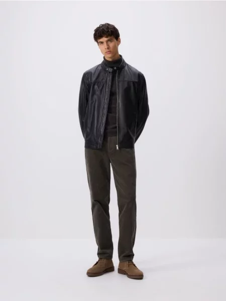 Кожаная куртка Reserved с воротником стойка черная