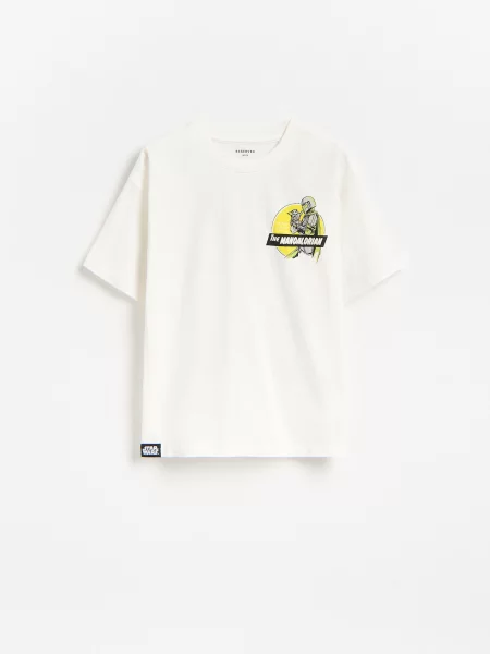 Reserved T-shirt Mandalorian i Grogu złamana biel