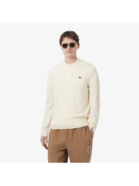 Lacoste Wełniany Sweter Z Okrągłym Kolnierzykiem Ecru biały