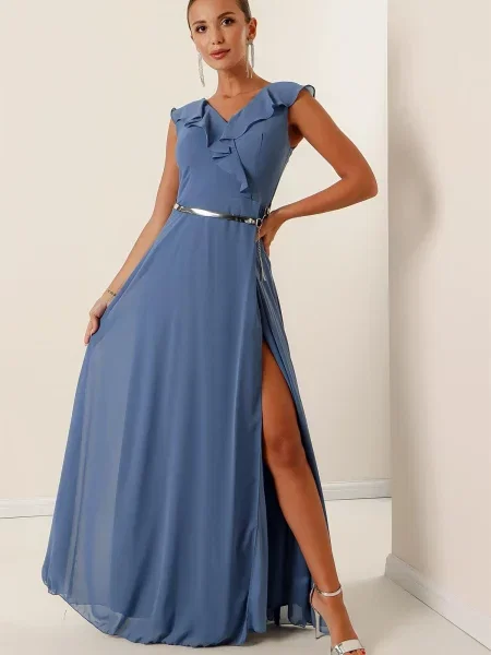 Gulerat rochie maxi By Saygı cu volane albastru