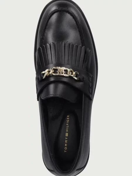 Tommy Hilfiger мокасини дамски от кожа TH CHAIN FRINGE LEATHER LOAFER черно