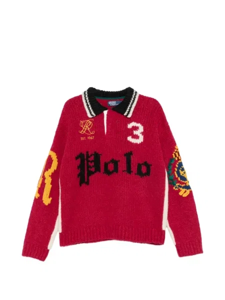 Megztos polo marškinėliai Polo Ralph Lauren su autografu raudona