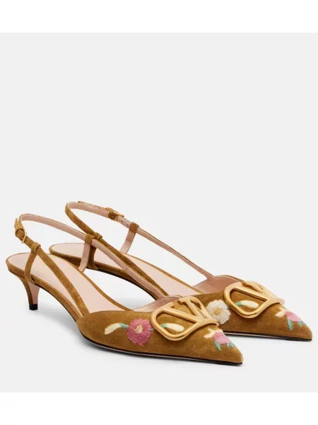 Semišové lodičky Valentino Garavani s výšivkou s otevřenou patou hnědé