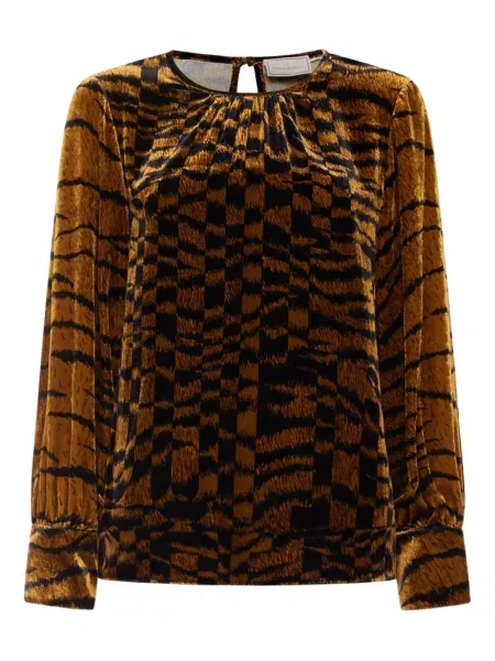 Aksamitna koszula Pierre Louis Mascia z nadrukiem w abstrakcyjne wzory brązowa