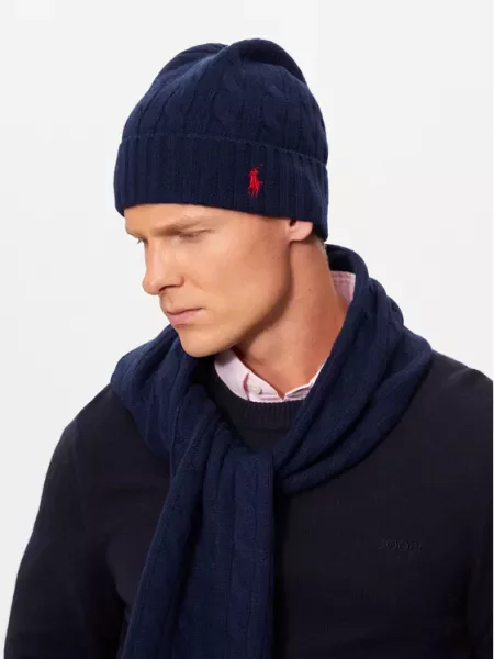 Vunena kapa Polo Ralph Lauren tamno od debelog pletiva vunena plava