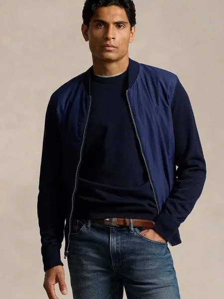 Mikina s příměsí vlny Polo Ralph Lauren tmavomodrá hladká