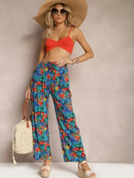 Niebiesko-Pomarańczowe Spodnie z Prostą Nogawką High Waist w Kwiatowy Wzór Zaranima niebieskie