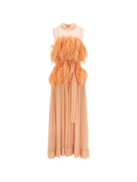 Rochie maxi Alberta Ferretti de mătase cu pene roz
