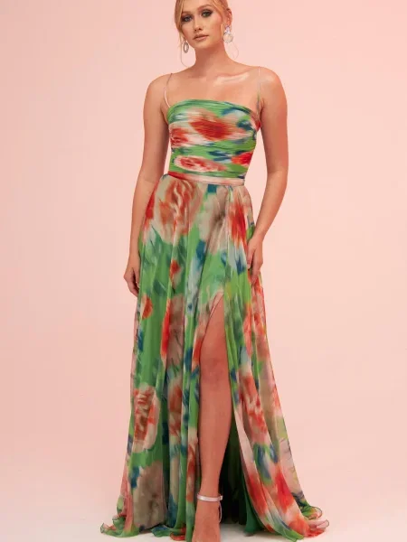 Sukienka wieczorowa Carmen na ramiączkach niebieska