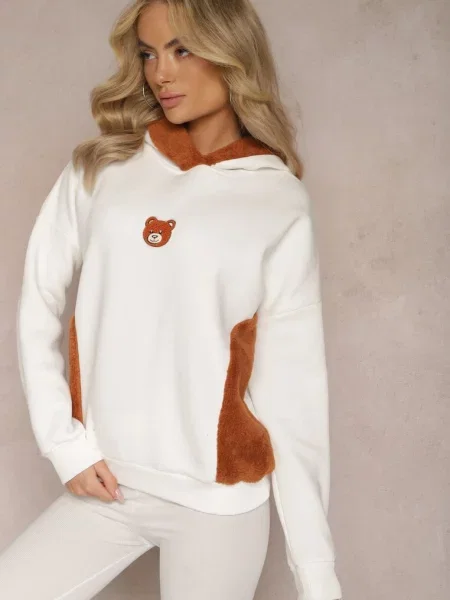 Bluza z Bawełny z Ozdobną Naszywką z Misiem i Polarowym Kapturem Hecatia biała