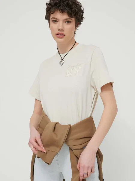 Тениска Tommy Jeans бежово
