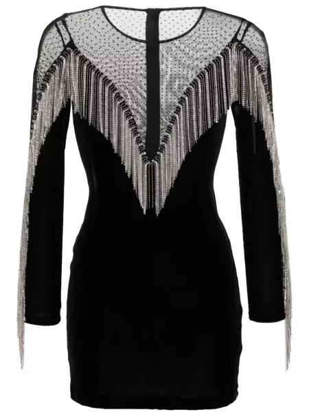 Rochie mini Nissa cu franjuri de catifea de costum negru