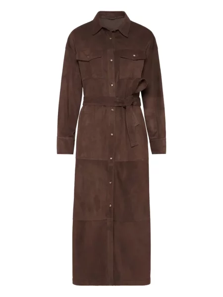 Rochie tip cămașă Brunello Cucinelli din piele de căprioară de costum maro