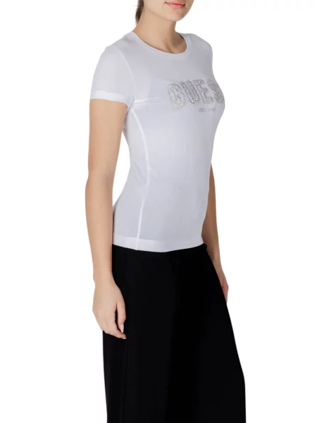 Koszulka Guess koronkowa z autografem z krótkim rękawem biała