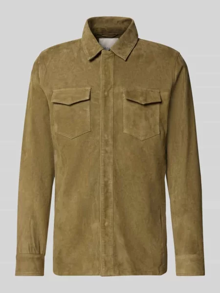 Kurtka koszulowa z naturalnej koziej skóry o kroju slim fit model ‘Overshirt‘ Profuomo zielona