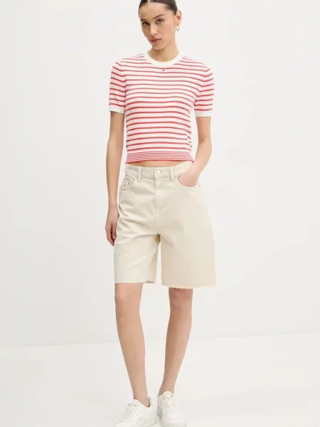 Tommy Jeans pulover s kratkimi rokavi bombažen rdeča
