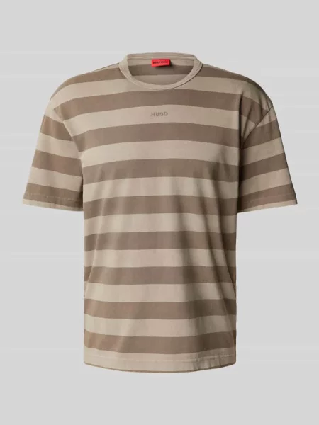 T-shirt z prążkowanym okrągłym dekoltem model ‘Dockoe’ Hugo