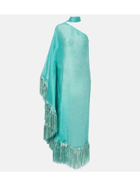 Lniana sukienka maxi Taller Marmo z frędzli garniturowa niebieska