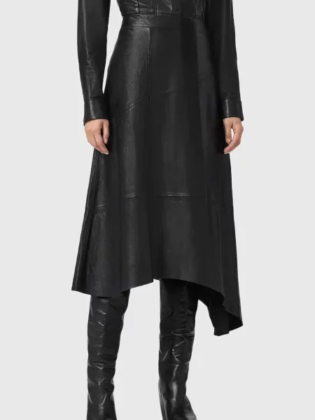 AllSaints fustă de piele midi evazați negru