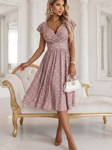 Rochie midi Numoco cu buline cu decolteu adânc bej