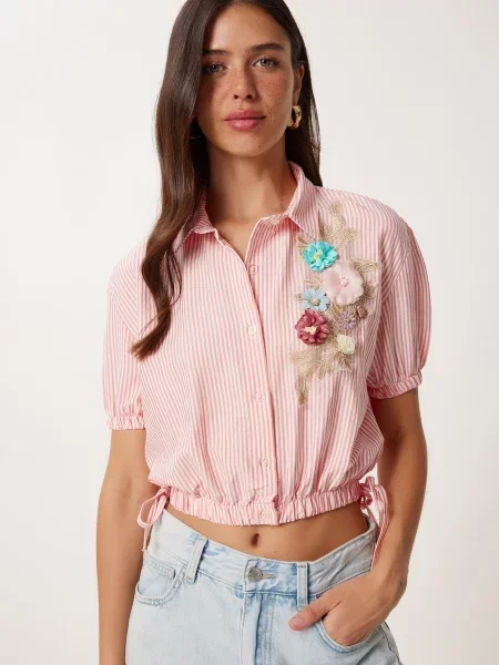 Happiness İstanbul Bluză albastru aqua / auriu / roz pal alb