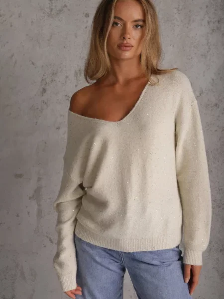 Sweter z Dekoltem w Serek i Cekinami z Dzianiny z Dodatkiem Wełny Driana beżowy