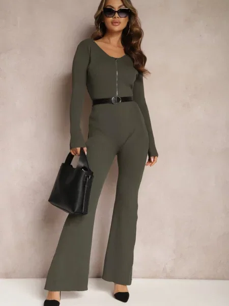 Ciemnozielony Kombinezon Bodycon z Prążkowanej ze Spodniami Typu Dzwony i Suwakiem Lavirna zielony