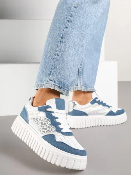 Niebiesko-Białe Sneakersy na Platformie z Tłoczeniami Zdobione Panterkowym Printem Herraza białe