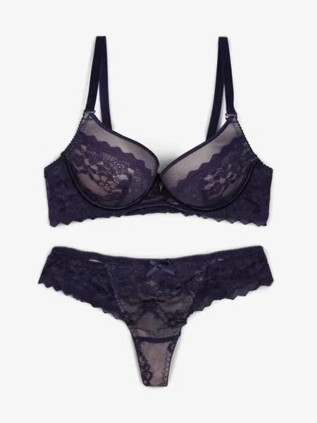 Set de Lenjerie Intimă Bleumarin Dantelă Sutien Push-Up Cu Armătură și String Jasminesa albastru